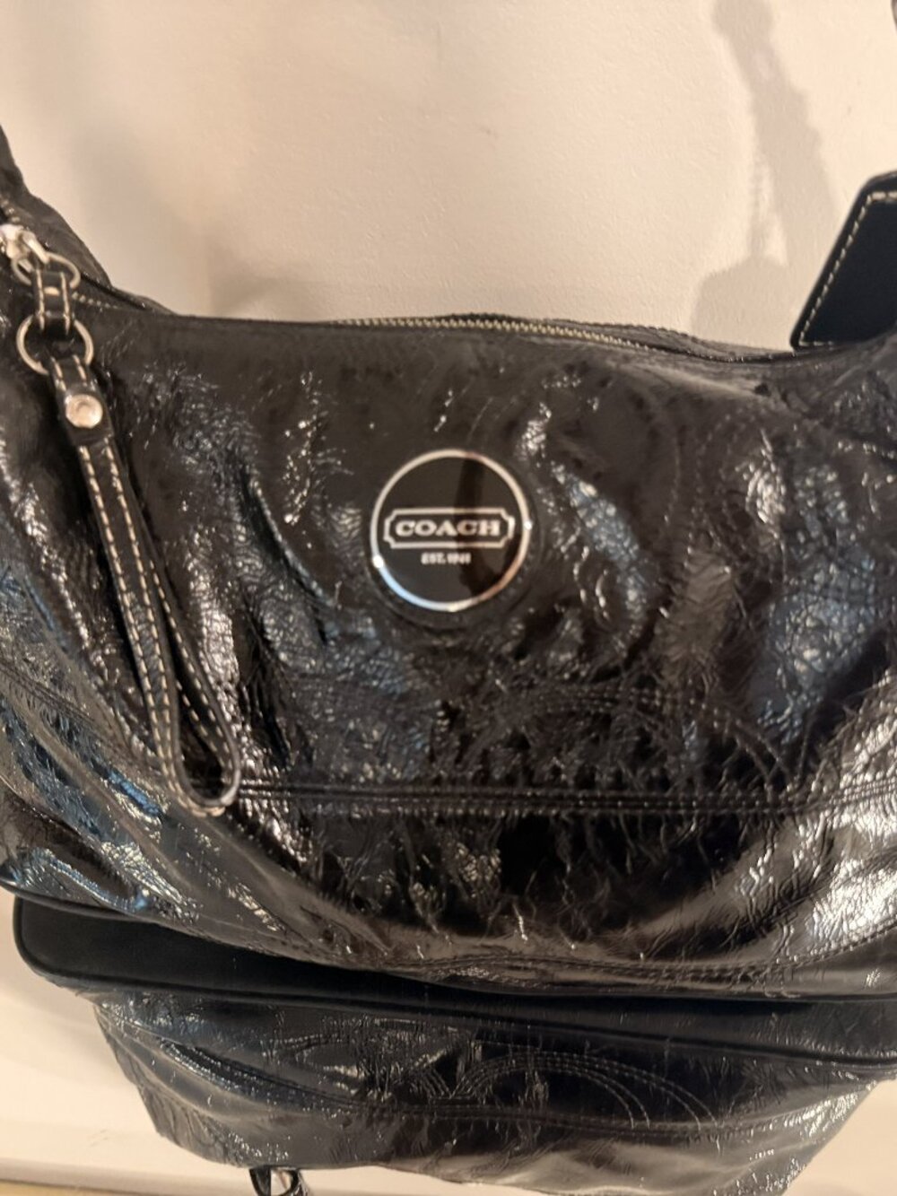 Coach Alex Black Crinkle Patent Leather Hobo Shoulder Bag